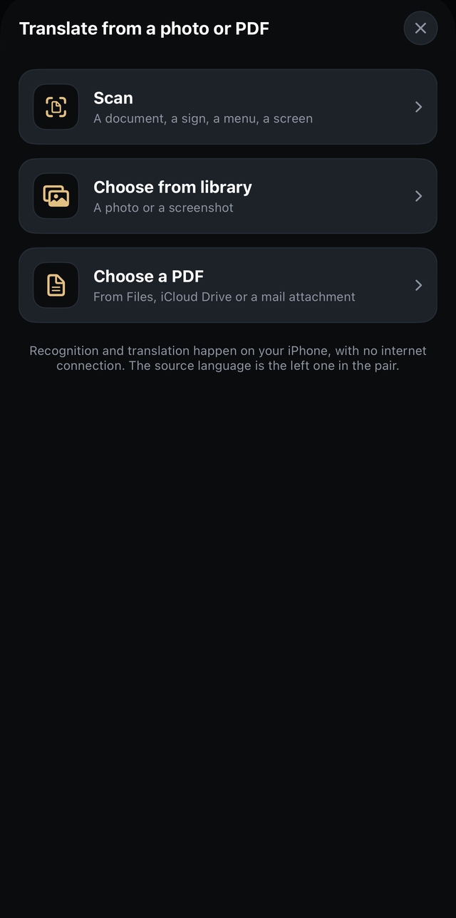 Translate from a photo or PDF: scan, choose from library, choose a PDF