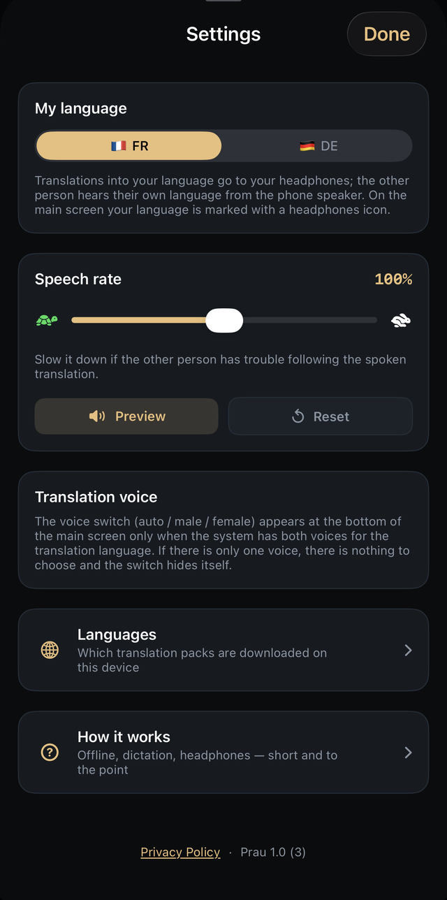 Settings: my language, speech rate, translation voice, languages